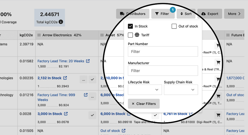 A screenshot showing the filter options on the TrustedParts.com BOM tool.