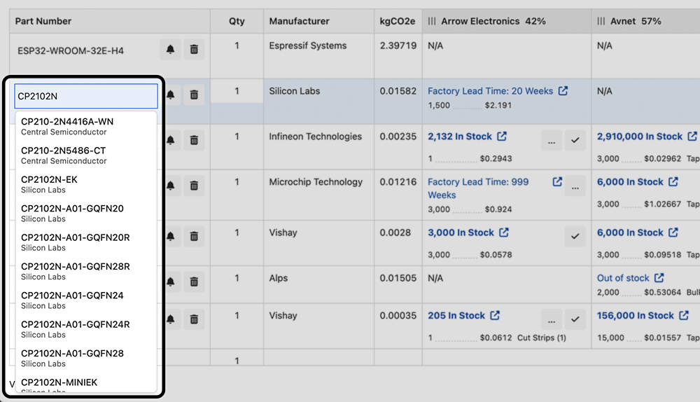 A screenshot showing the manufacturer selection box for electronic component part numbers.