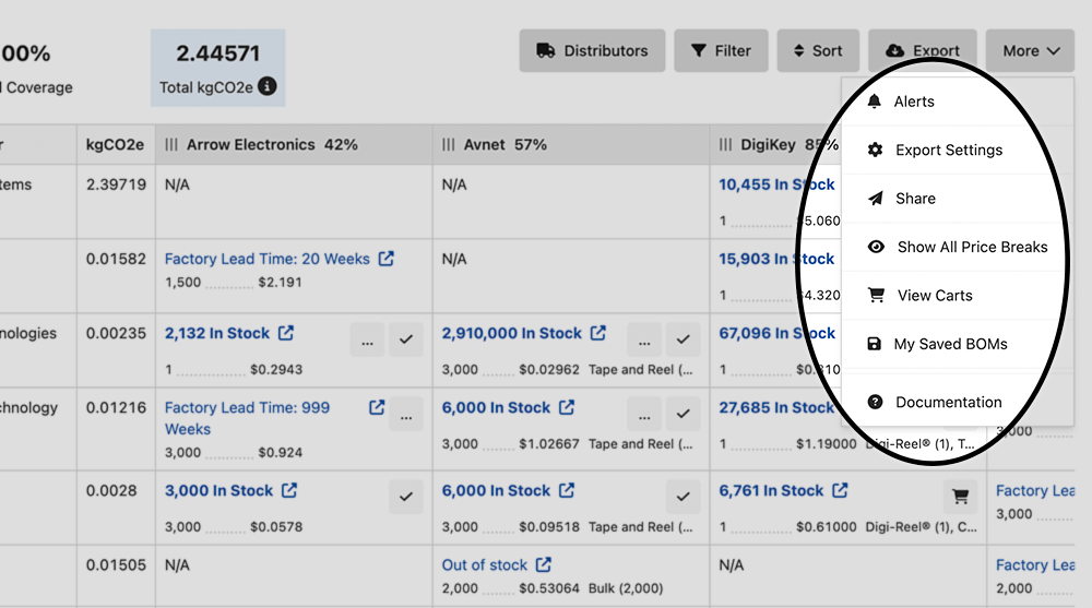 A screenshot showing more features available on the TrustedParts.com BOM tool.