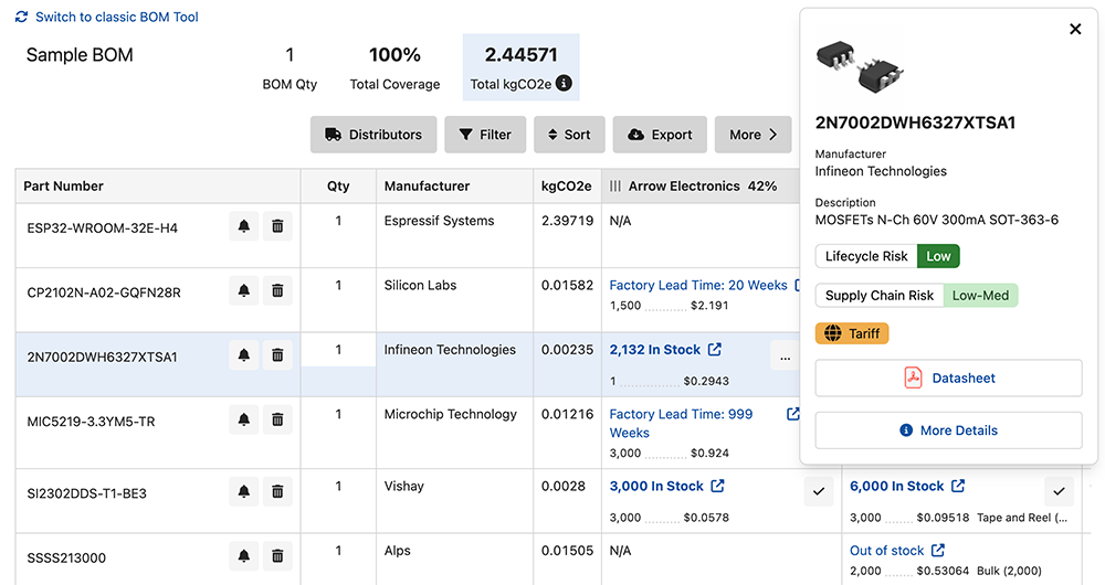 A screenshot of the new part pop-up feature on the TrustedParts.com BOM Tool.