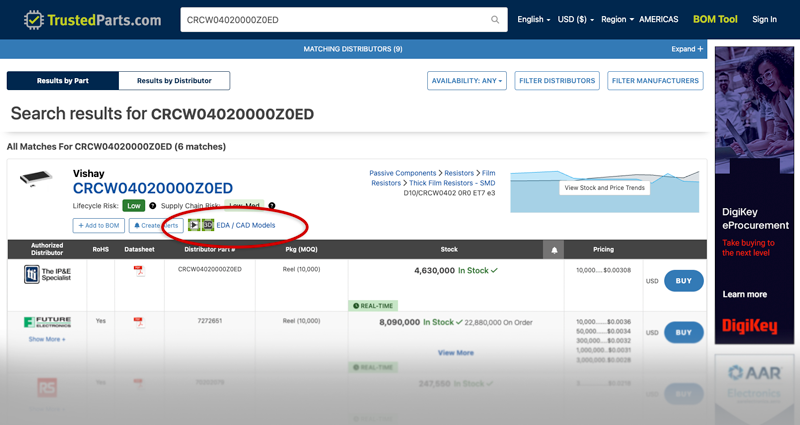EDA/CAD Models Search Screenshot