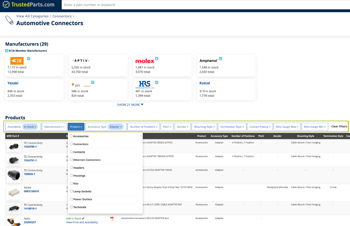 parametric search filter